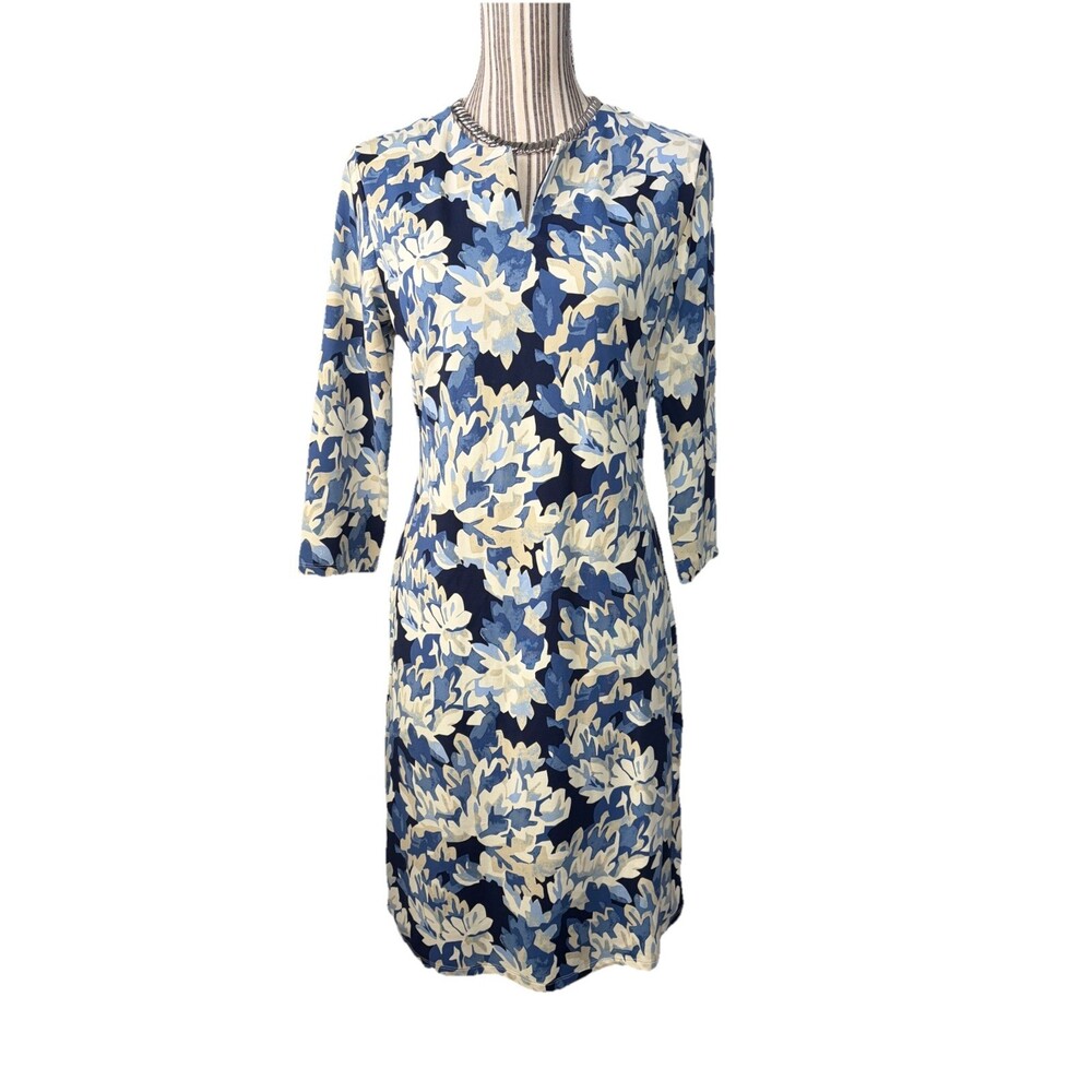 J McLaughlin Women's Catalina Blue Floral Shift Dress Size Med 3/4 Sleeve